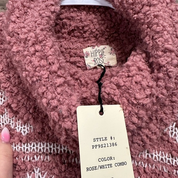 Hippie Rose Pink Cowl Neck Sweater with Plush Texture and Geometric Patterns - Picture 3 of 4